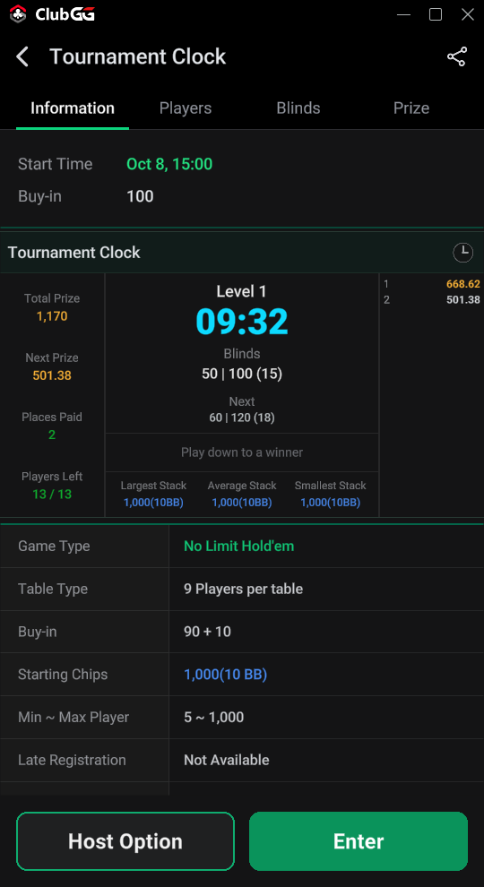 ClubGG Tournament Clock screen showing a poker tournament at Level 1, 09:32 left, blinds 50/100, with Host Option and Enter buttons.