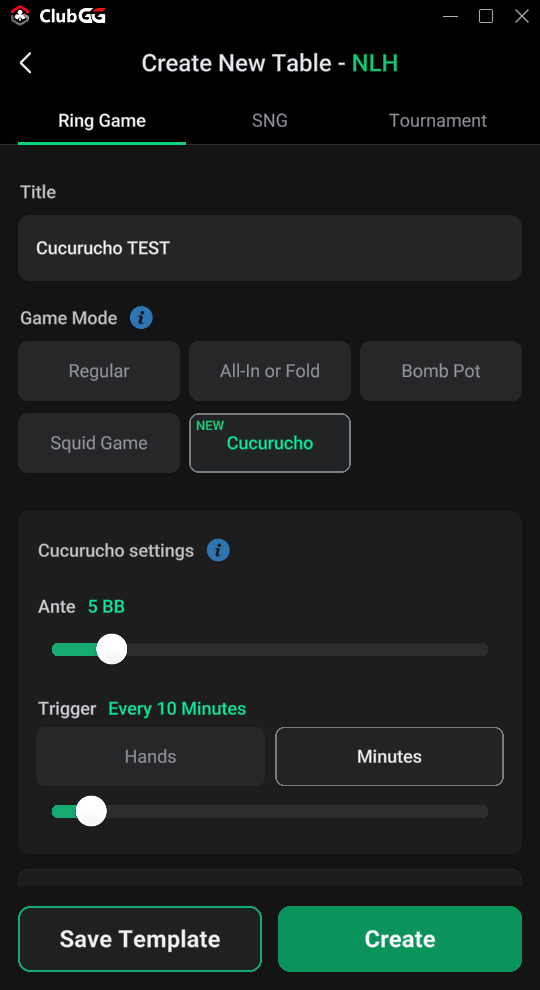 ClubGG Create New Table screen, showing new Cucurucho button.