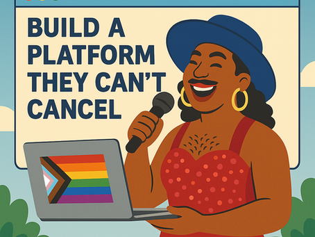 A bold, flat-style digital illustration features a joyful QPOC drag performer wearing a red polka-dot dress, gold hoop earrings, and a blue hat. They hold a microphone in one hand and a laptop in the other, which displays the Progress Pride flag. Behind them is a large browser window mockup with the empowering message “BUILD A PLATFORM THEY CAN’T CANCEL.” The scene is set outdoors with vibrant greenery, blue skies, and a feeling of strength and self-expression. The image celebrates queer resilience, digital independence, and the power of inclusive online presence.
