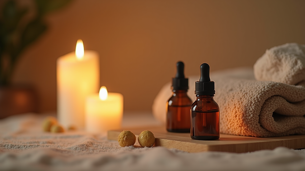 Close-up view of a serene massage setup with candles and essential oils