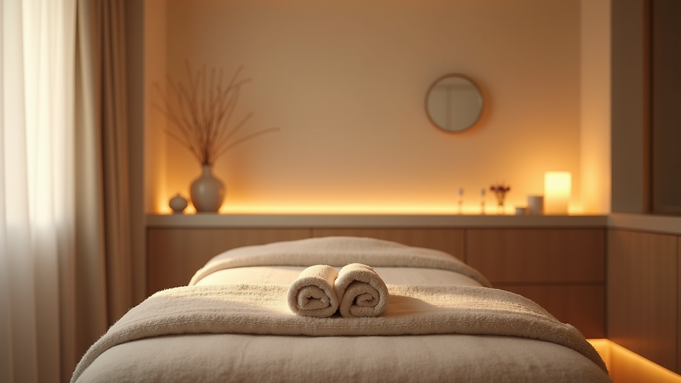 Eye-level view of a tranquil massage therapy room with soft lighting