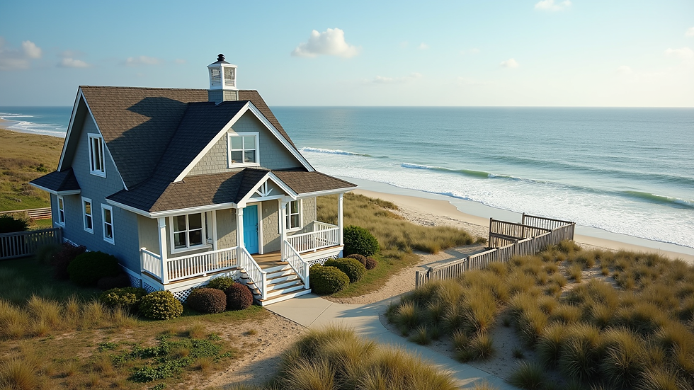 High angle view of a cozy beach cottage with ocean view in Carteret County