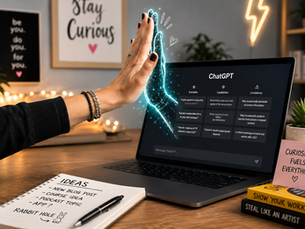 Human hand high-fiving an AI hand reaching out of a laptop displaying ChatGPT, representing human and AI collaboration.