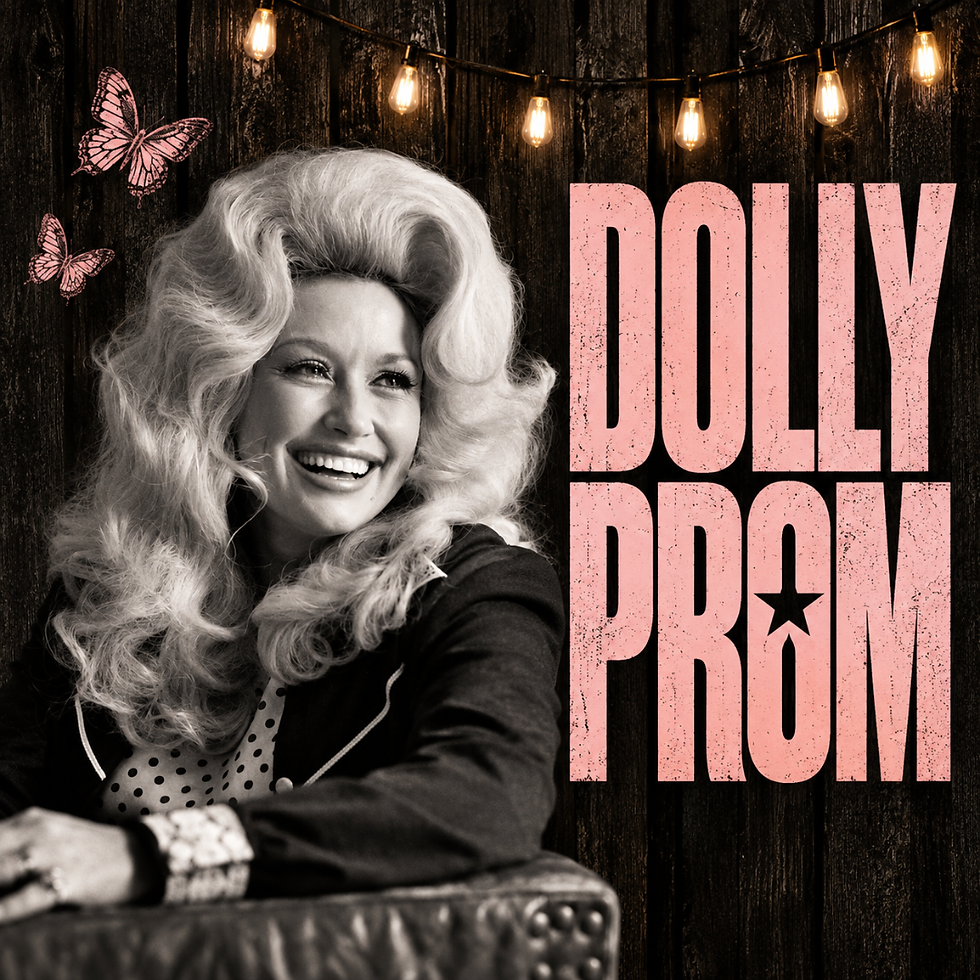 Black and white photo of Dolly Parton with pink butterflies