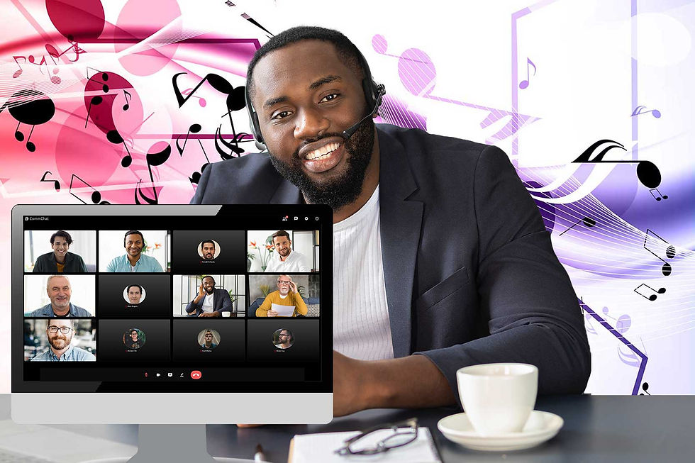 Composite of a person with headphone and microphone and a CommChat meeting screenshot