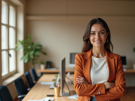 Smiling woman in orange blazer stands confidently in a bright office with wooden desks, computers, and potted plants in the background.