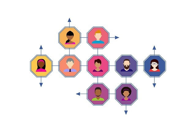 Colorful network diagram with nine avatars connected by arrows on a white background. Each avatar is in a uniquely colored octagonal frame.