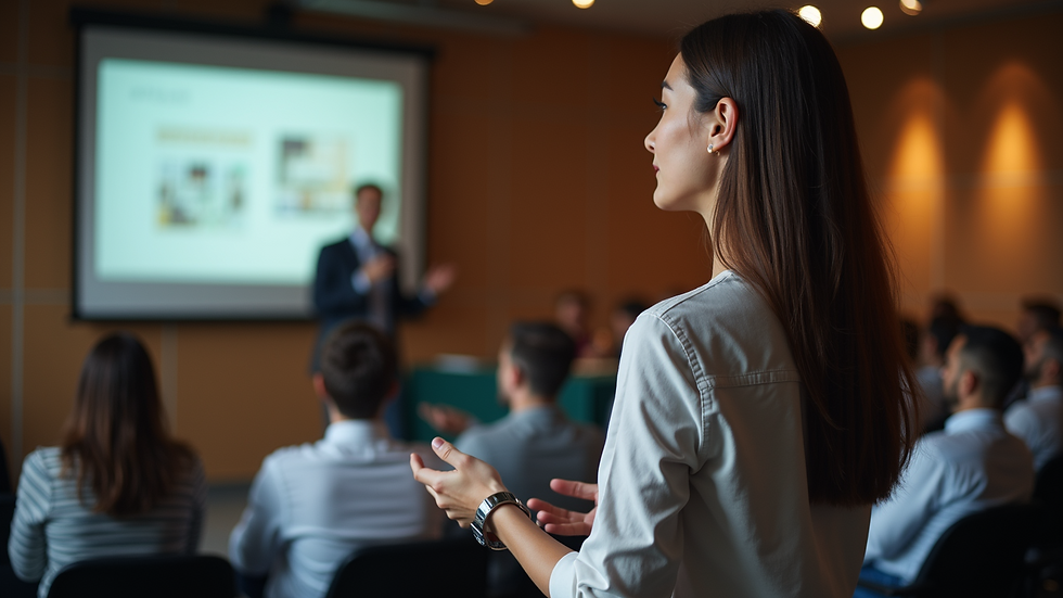 Eye-level view of a person giving a presentation with engaging body language