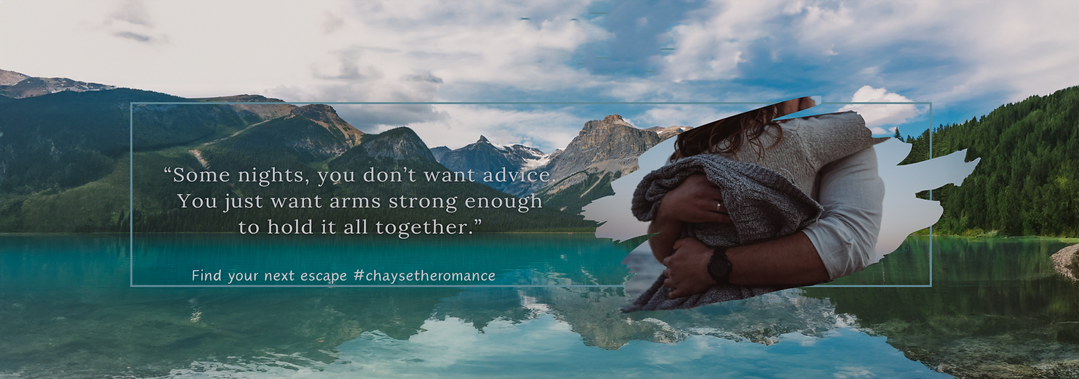 A man and woman embrace closely beneath the words: “Sometimes you just want some strong arms to hold it all together.” Hashtag #ChayseTheRomance. Spicy, emotional small town romance vibes with second chances and found family.