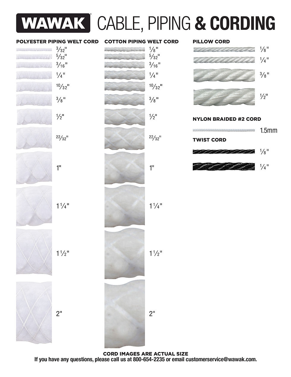 WAWAK sewing cord size chart