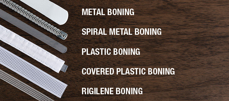 Various styles of boning lying flat on a wooden table. Text reads: metal boning, spiral metal boning, plastic boning, covered plastic boning, Rigilene boning