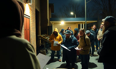 imagine of us preaching about God outside at night outside of a shelter standing up to the