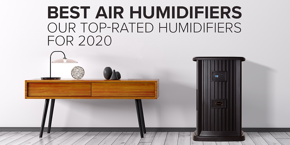 Modern room with a wooden console table holding a lamp and decor. A black humidifier stands nearby. Text: "Best Air Humidifiers 2020."