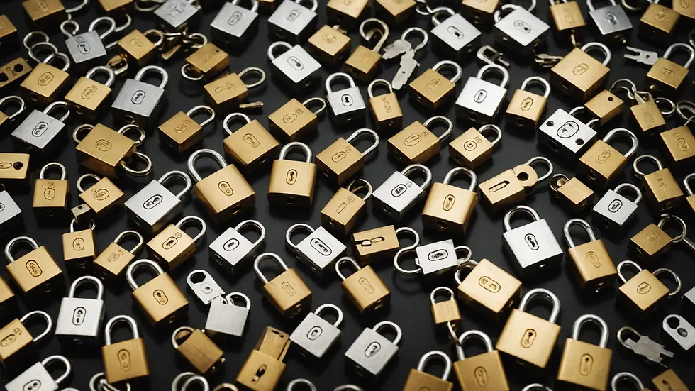 High angle view of an assortment of security locks on a flat surface