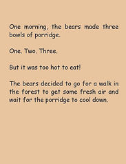 Goldilocks and the Three Bears example page which reads 'One morning, the bears made three bowls of porridge. One. Two. Three. But it was too hot to eat! The bears decided to go for a walk in the forest to get some fresh air and wait for the porridge to cool down.'