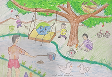 Drawing of the world playing on the banks of a stream
