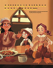 An illustration of three people behind a table with pumpkins and corn. The text reads: We had settled in a new place and started a new life, thanks to Squanto.