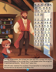 An illustration of a man and a little boy in a cottage. A fir cone has just blown in through the open door.