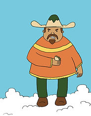Illustration of a giant standing on a cloud holding a tortilla
