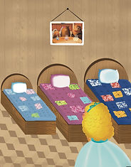 An illustration of a girl in a bedroom looking at three beds