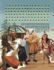 An illustration of people building a house. The text reads: The storms, thankfully, did not last forever (they never do, do they?), and finally we arrived in America. We built ourselves houses so that we had shelter, but we had sailed through the summer and fall, and now it was winter. We had our houses, but it was very cold in America, much colder than in England, and we did not have enough food.