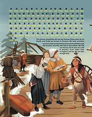 An illustration of people building a house. The text reads: The storms, thankfully, did not last forever (they never do, do they?), and finally we arrived in America. We built ourselves houses so that we had shelter, but we had sailed through the summer and fall, and now it was winter. We had our houses, but it was very cold in America, much colder than in England, and we did not have enough food.