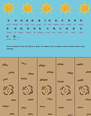 Illustration of seeds under the earth beneath a sunny sky. The text reads: and he waited for the chili plants to grow. He waited… And he waited… And he waited. Nada, Nada, nothing…