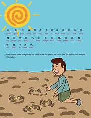 Illustration of a boy planting five seeds under a sunny sky. The text says: Paco hurried home and planted the seeds in the field behind his house. The sun shone. Paco watered the seeds.