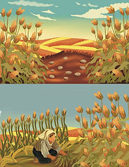 An illustration of a person harvesting corn.