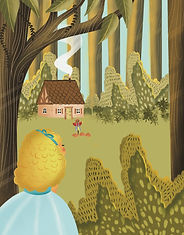 An illustration of a girl in a forest looking at a cottage