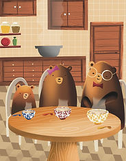 An illustration of three bears sitting at a table with three porridge bowls on it