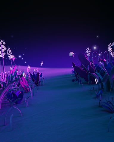 3D animation still of a path through grass, flowers and leaves in vibrant hues