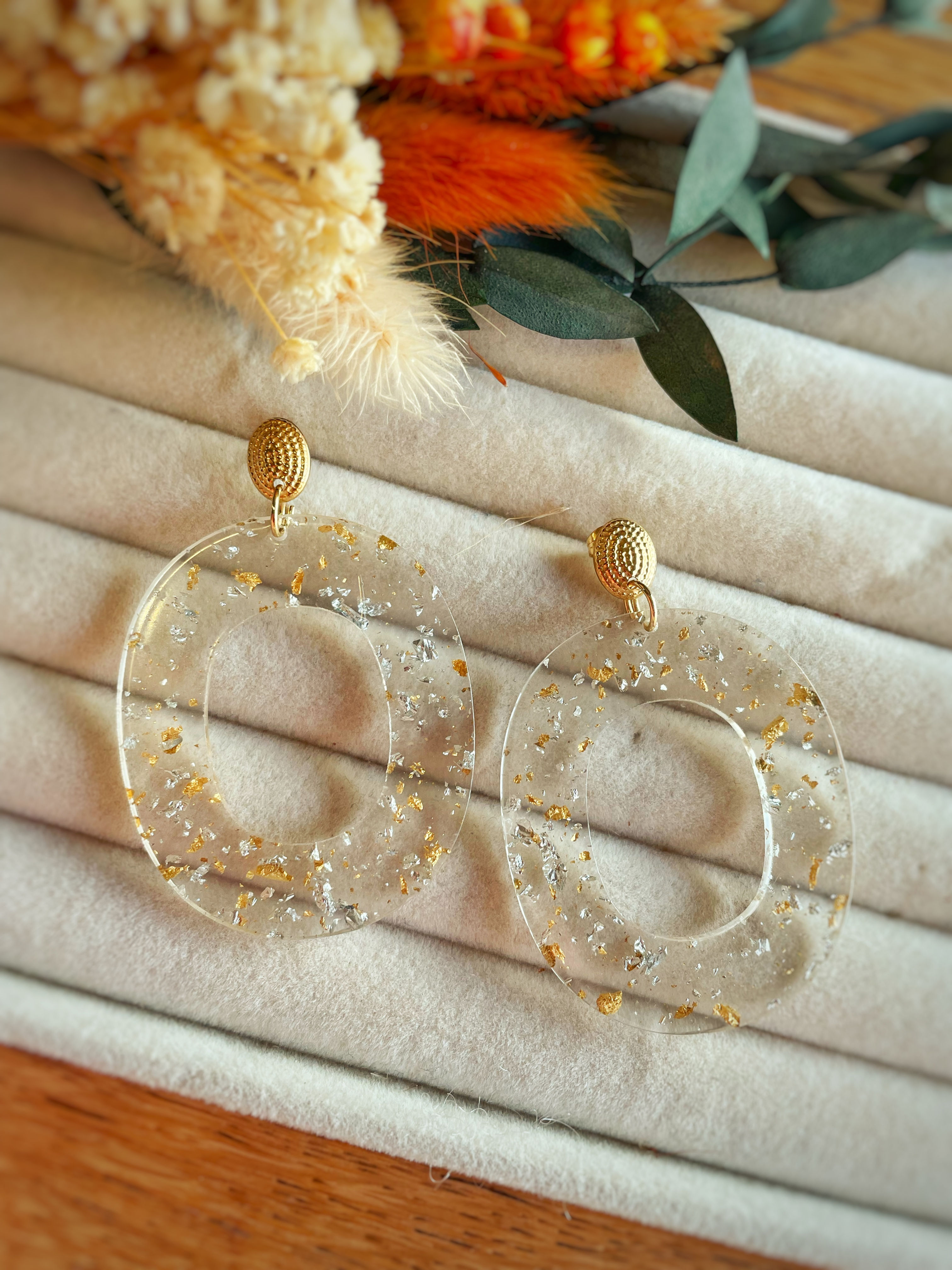 Boucles d’oreilles « Les prestigieuses » doré et transparent 