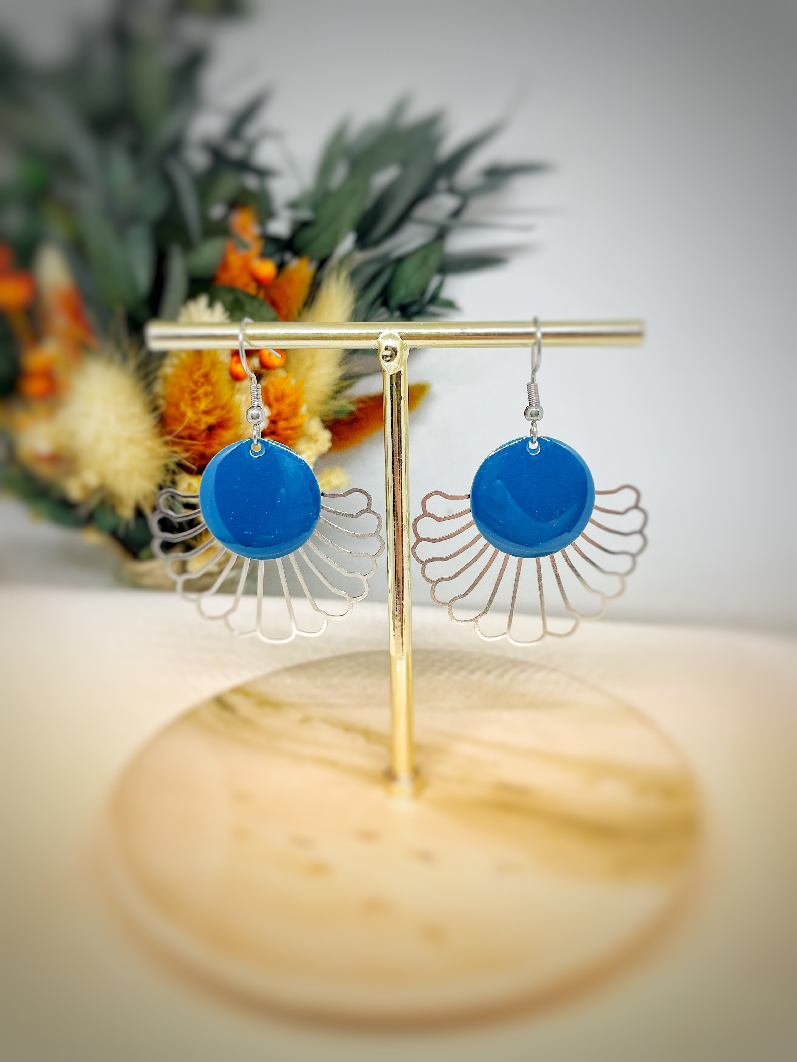 Boucles d’oreilles argenté et bleu canard 