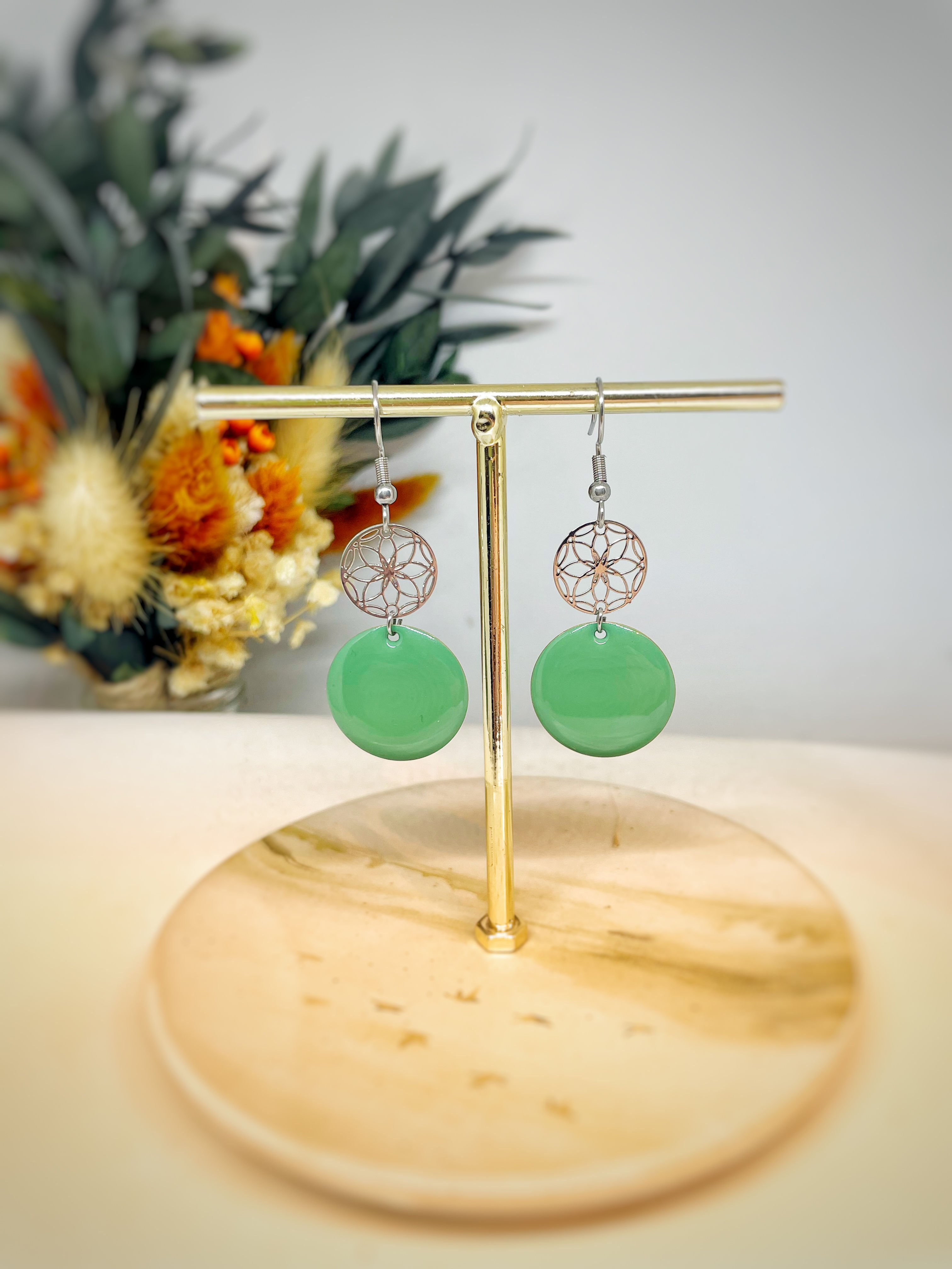 Boucles d’oreilles argenté et vert menthe  