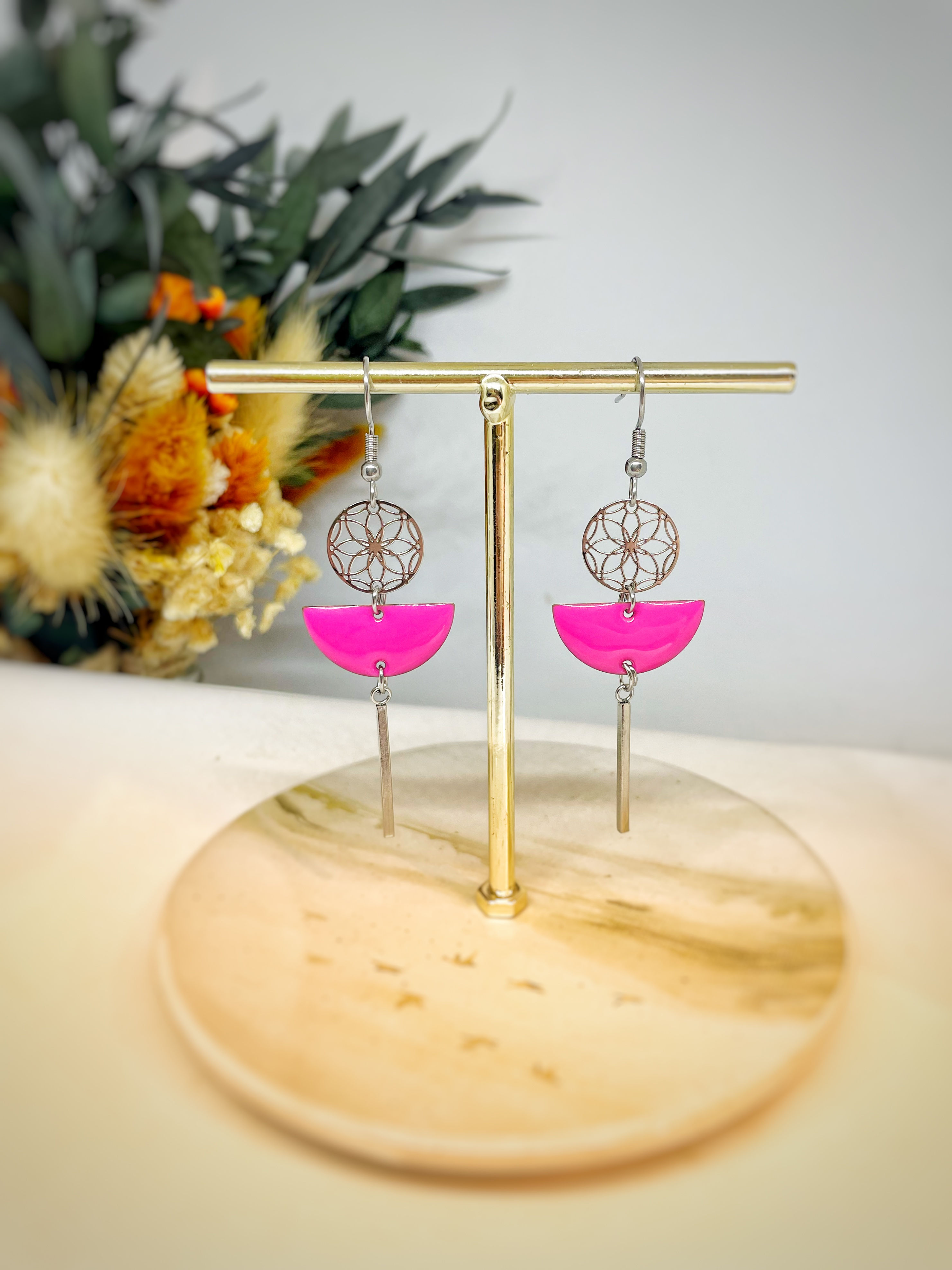 Boucles d’oreilles argenté et rose