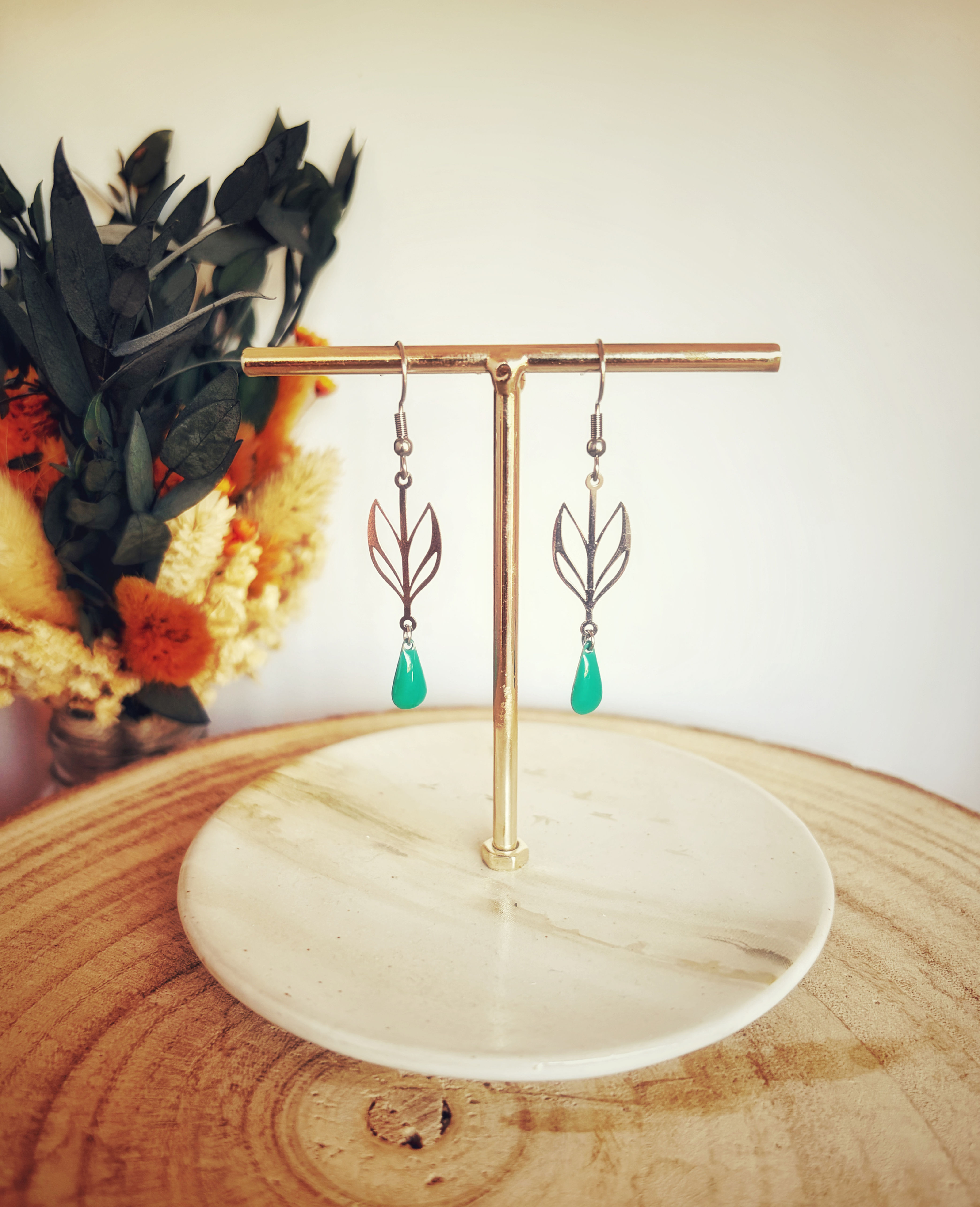Boucles d’oreilles argenté et vert d’eau 