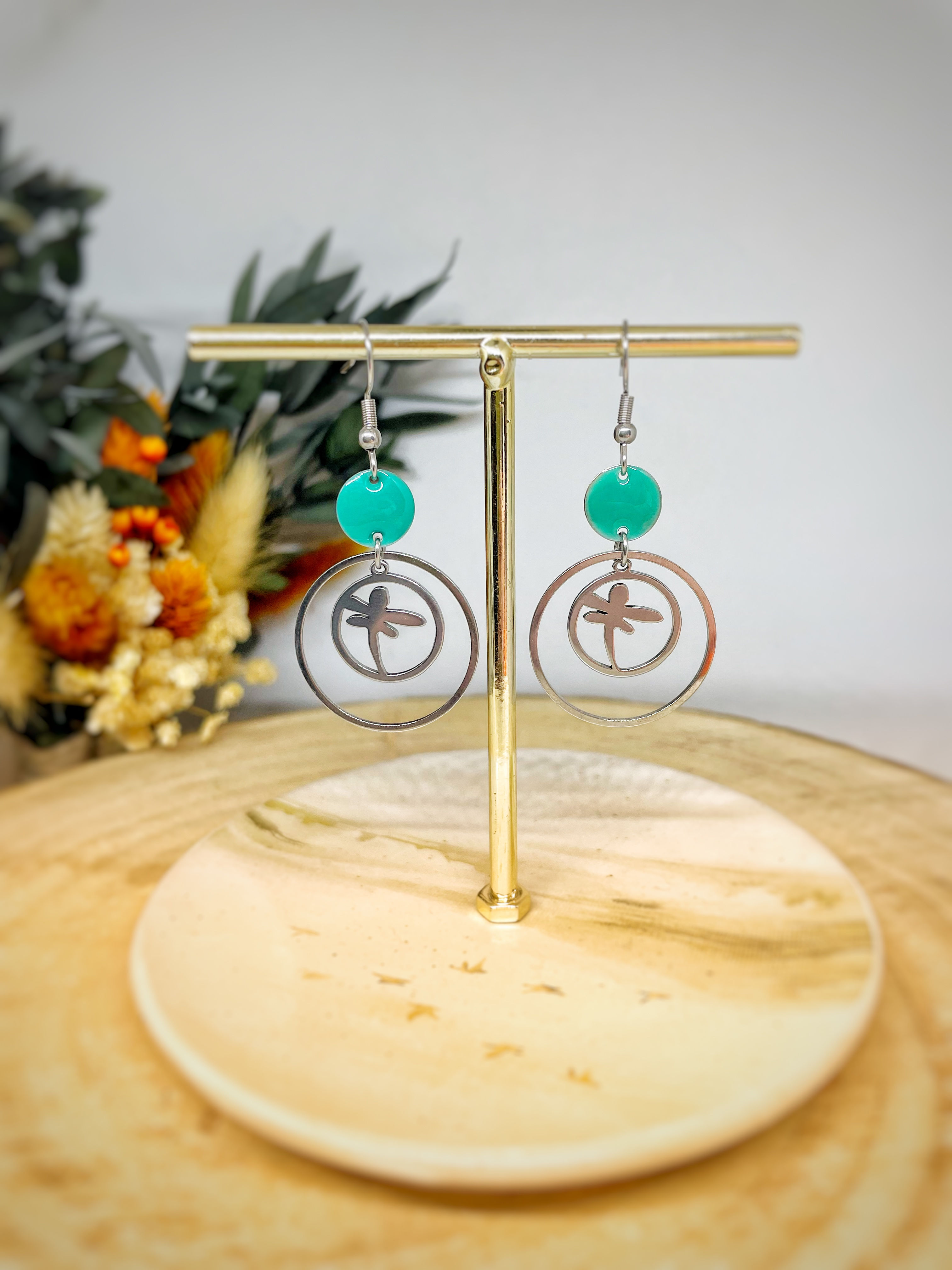 Boucles d’oreilles argenté et vert d’eau 