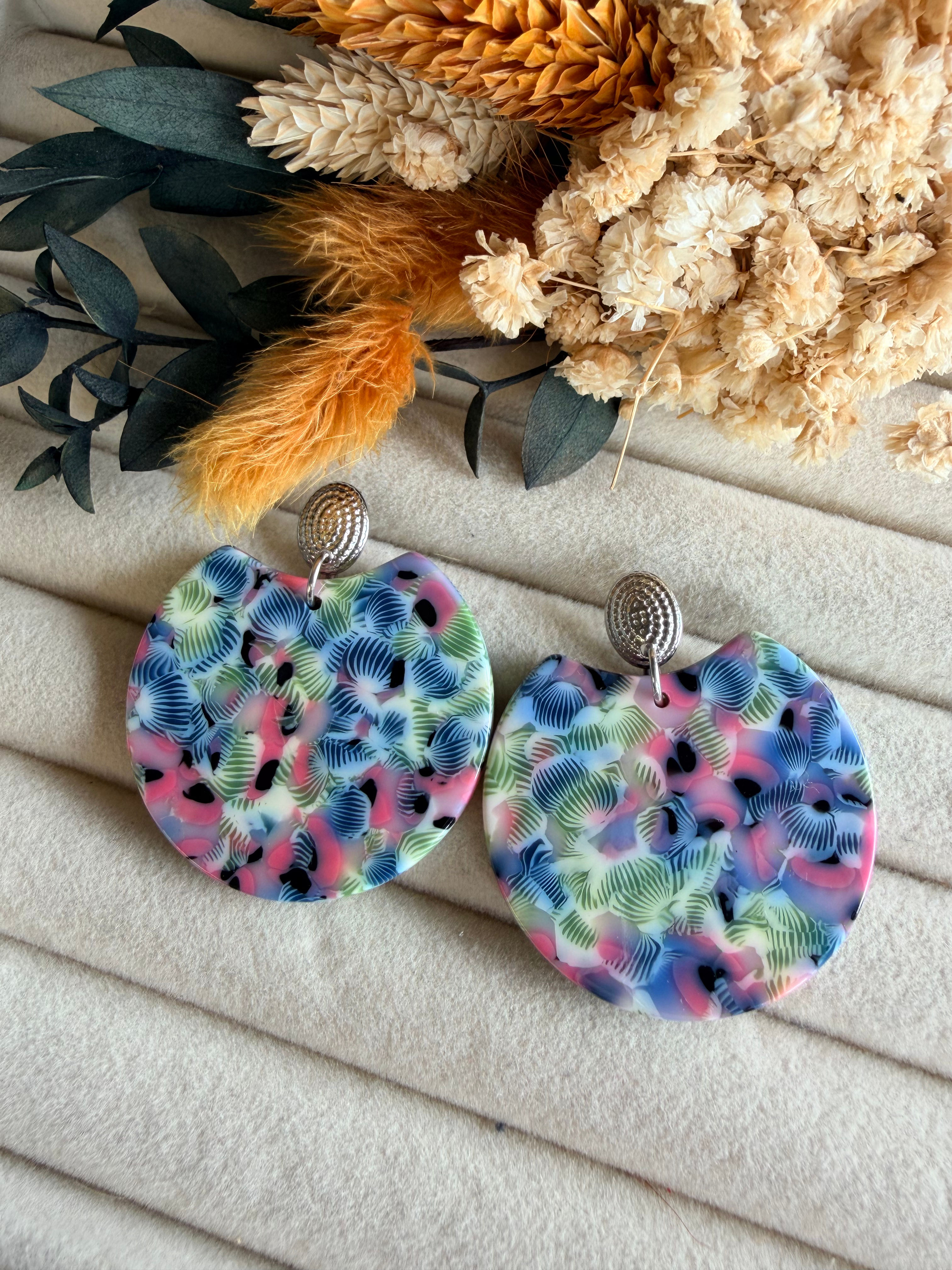 Boucles d’oreilles « Les prestigieuses » argenté et bleu/rose/vert