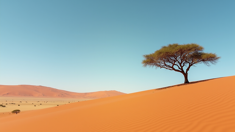 Eye-level view of a Namibian desert landscape with a single acacia tree