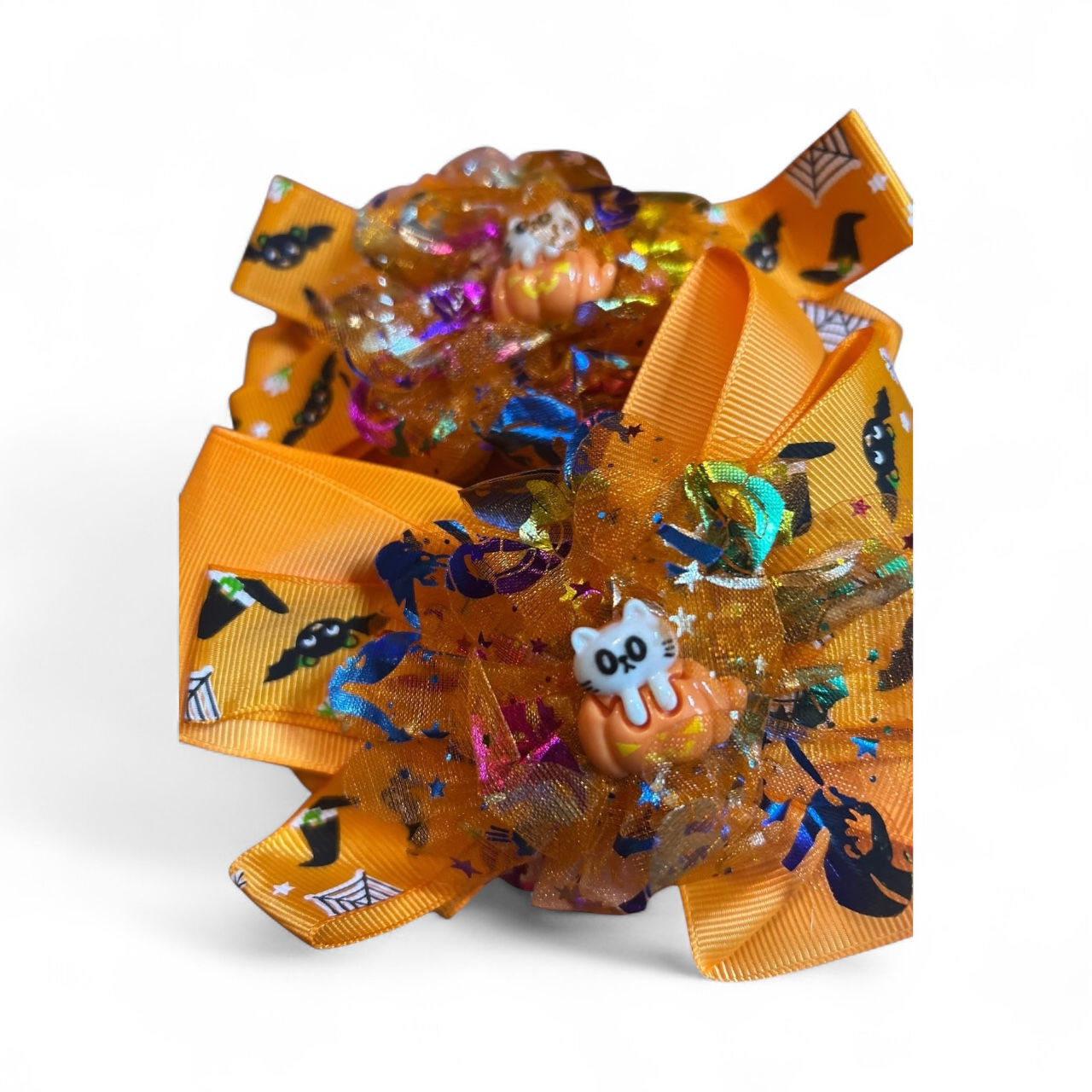 Set de 2 lazos para el pelo de perro con temática de Halloween, con diseño de calabaza y gato.