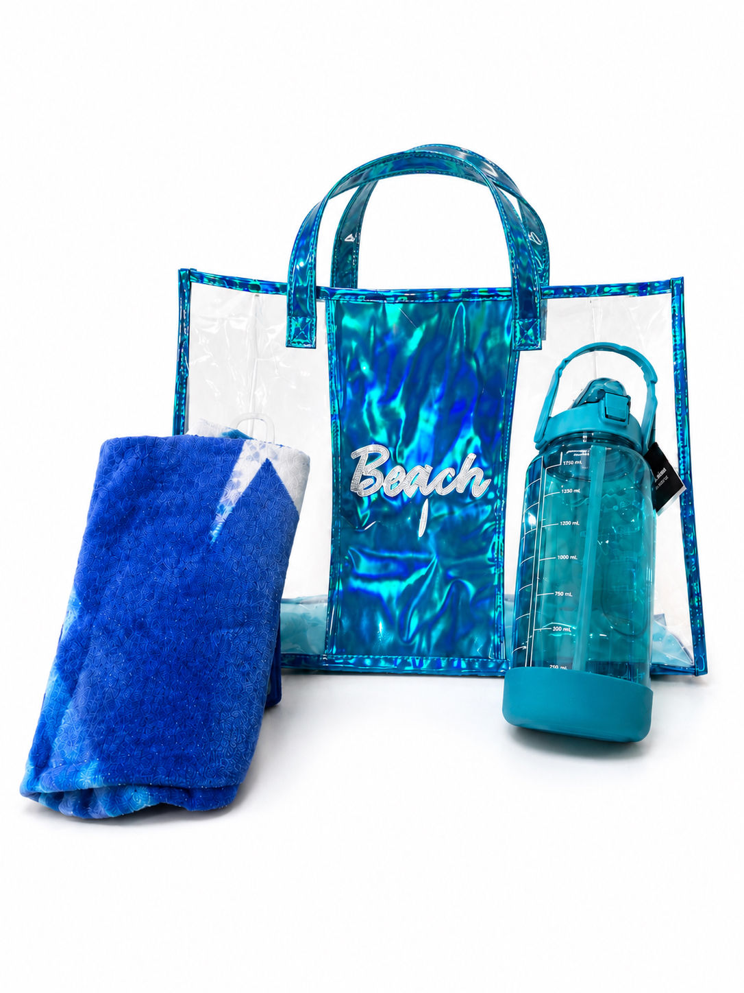 Holographic Beach Tote Set With Towel & Water Bottle In Various Colors