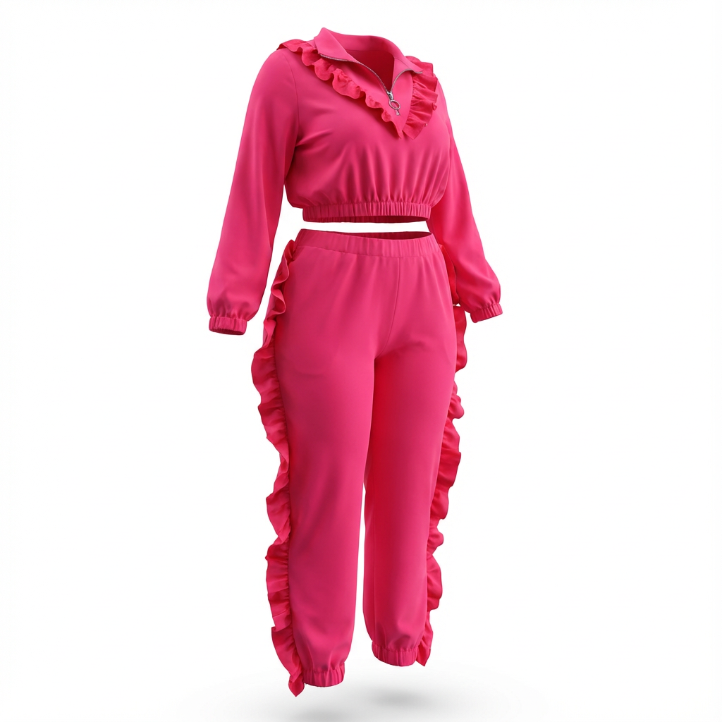 Pink Ruffled Two-Piece Lounge Set With Zipper Top & Elastic Waist Pants