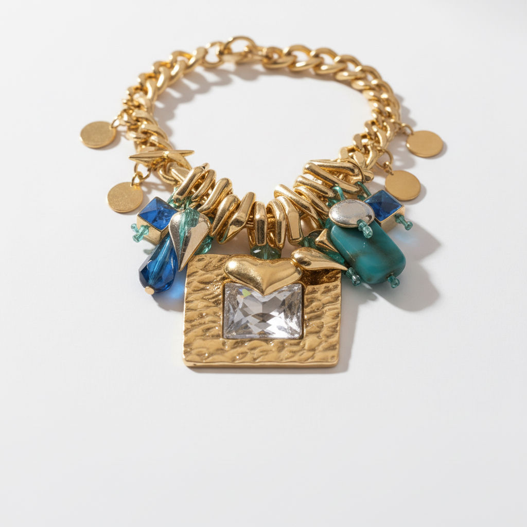 Gold & Gemstone Charm Bracelet With Square Pendant & Heart Accent