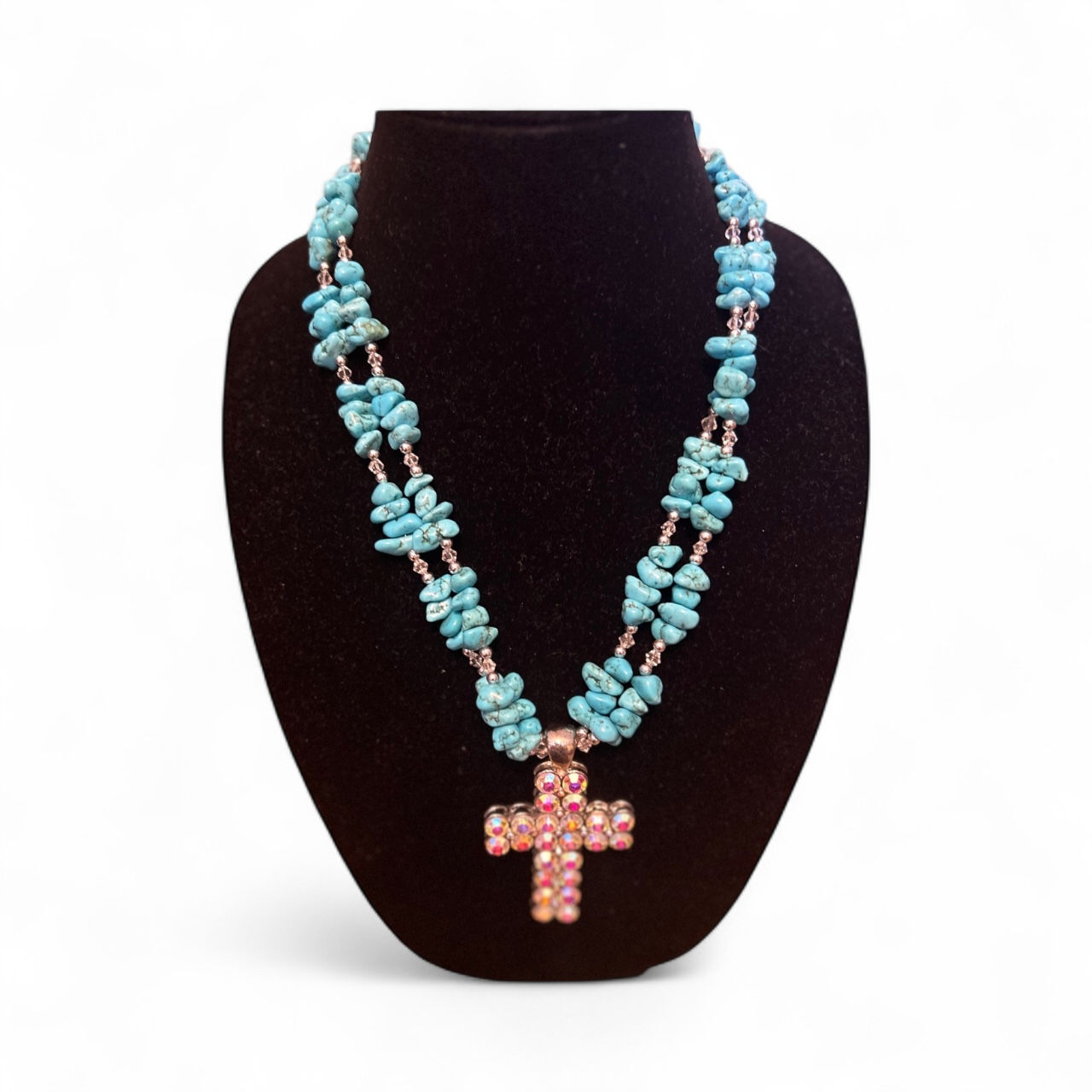 Turquoise Bead Necklace With Rhinestone Cross Pendant