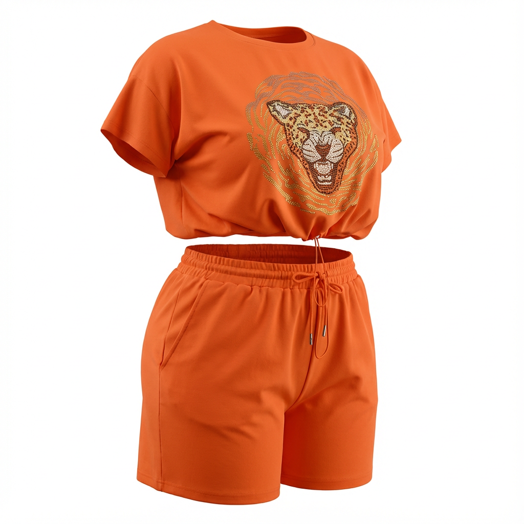 Orange Two-Piece Matching Set With Leopard Graphic T-Shirt & Elastic Waist Short
