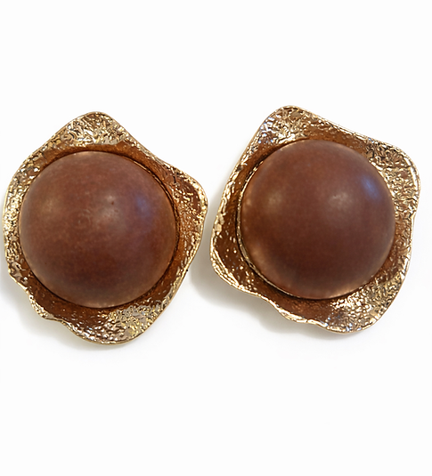 Vintage Gold-Tone Clip-On Earrings With Textured Frames & Brown Domed Centers