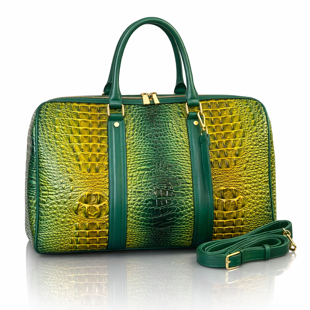 Crocodile-Embossed Green & Yellow Leather Duffel Bag With Gold Hardware & Detach