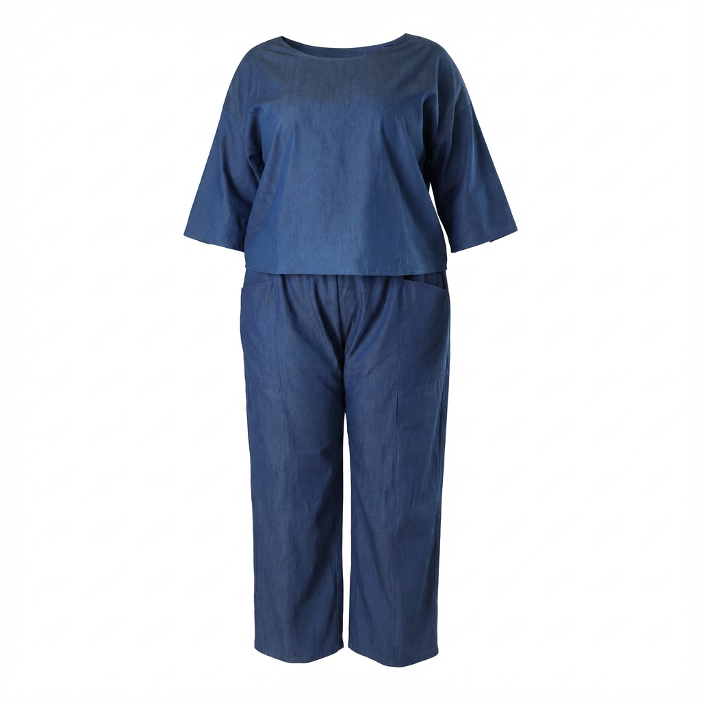 Womens Plus Size Denim Two-Piece Set Wide-Leg Pants & 3/4 Sleeve Top