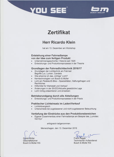 Busch und Müller Schulung Zertifikat